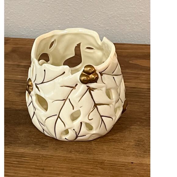 Set of 3 Ceramic Leaf Tealight Candle Holders Cream Gold Cutout Autumn Decor - Picture 4 of 7